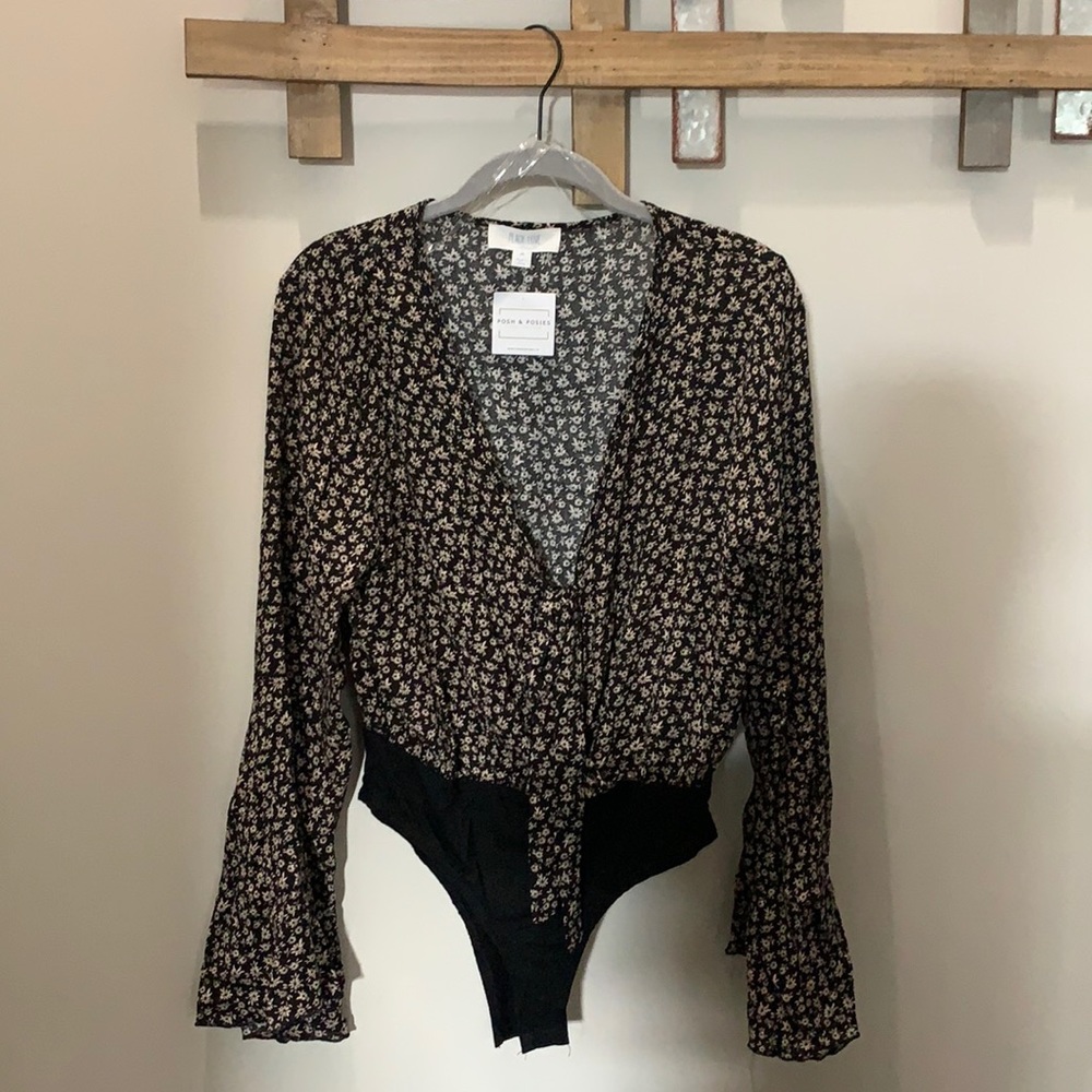 Peach Love California Black Floral Bodysuit, NWT